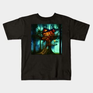 Magical Cottage Tree House with Lights in Forest with High Trees, Scenery Nature Kids T-Shirt